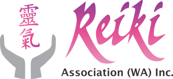 Reiki Association of Western Australia logo made up of grey hands cupping the Reiki Japanese kanji in pink. To the right in a large pink Reiki word and Association of WA in grey.