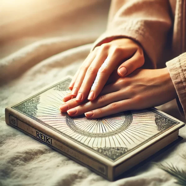 an image of a Reiki manual or notebook with hands gently placed on it